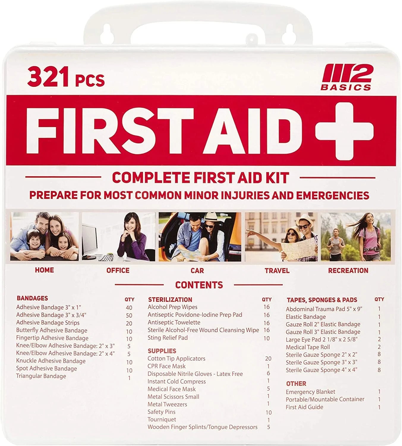321-piece first aid kit with various uses and contents listed on a white background

