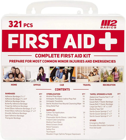 321-piece first aid kit with various uses and contents listed on a white background

