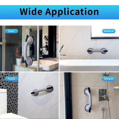 Collage of bathroom fixtures with text indicating their application on door, bathtub, toilet, and shower.