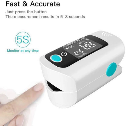 Finger pulse oximeter with digital display on a white background


