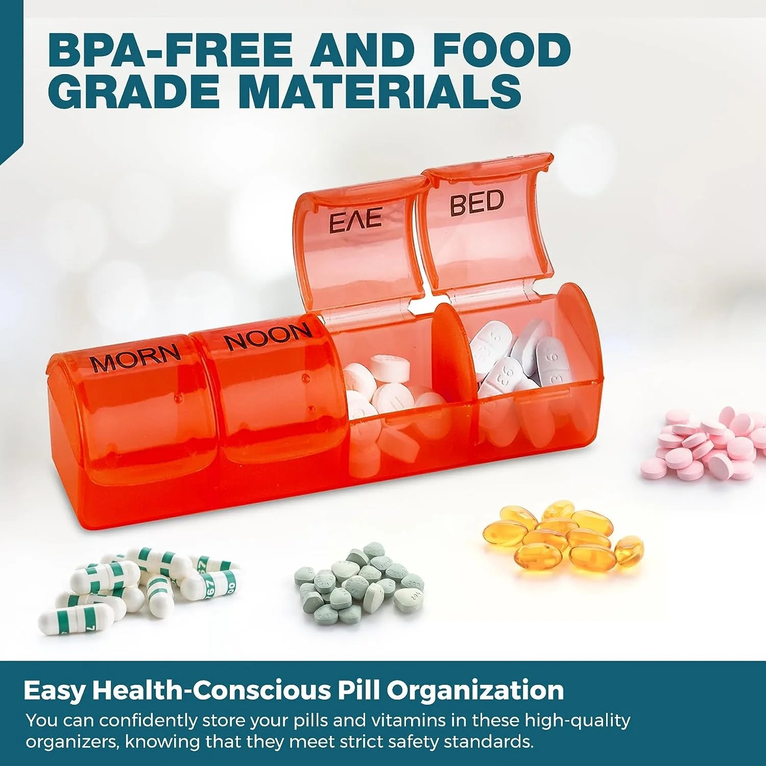 Red pill organizer with labeled compartments and pills on a white background

