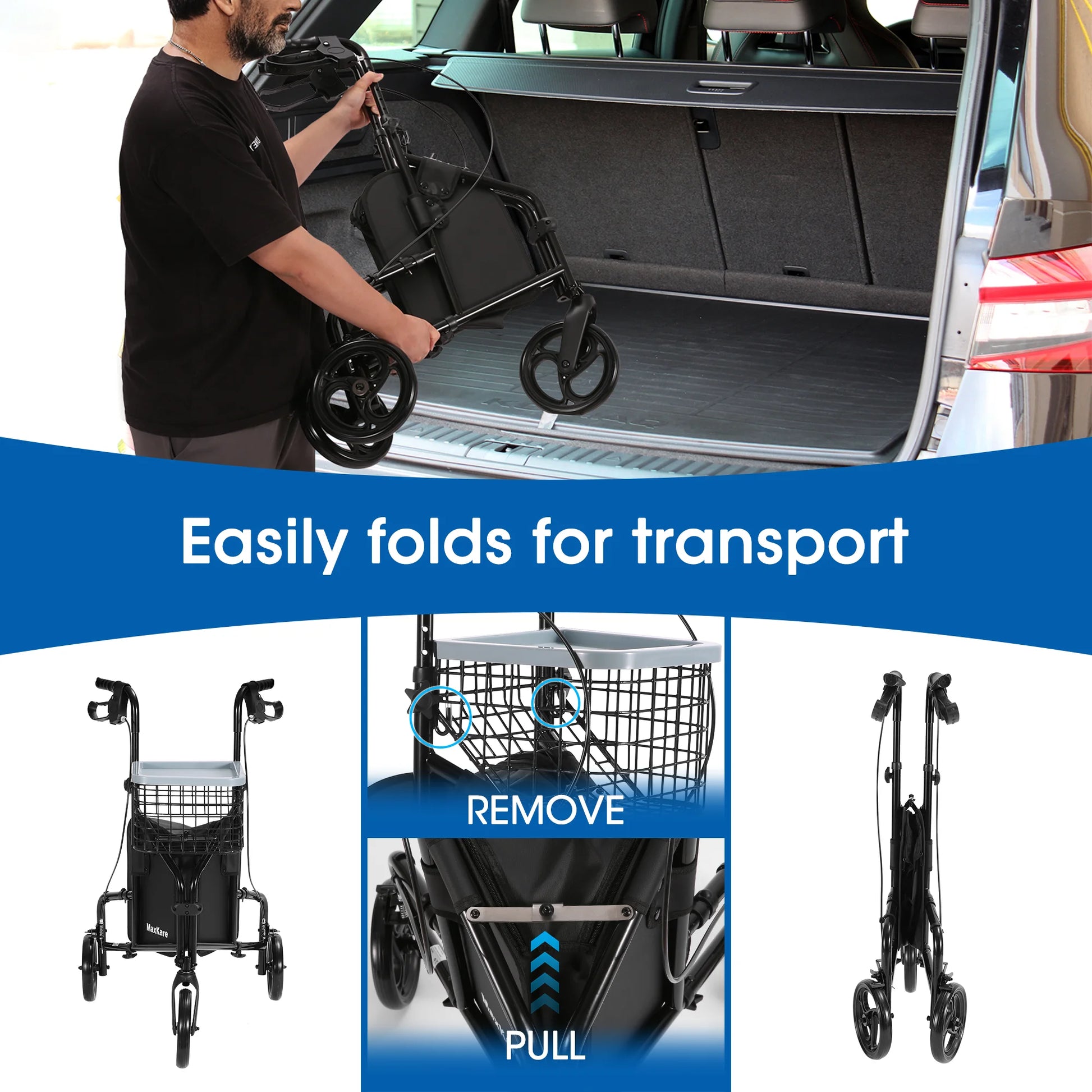 Person loading a folding walker into a car trunk with text 'Easily folds for transport'.