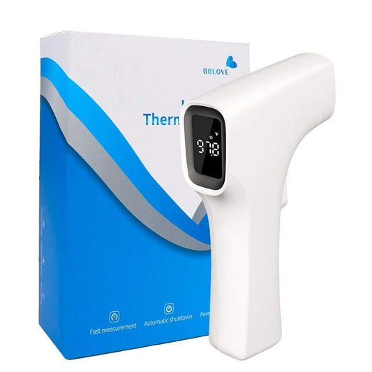 White infrared thermometer with digital display in front of a blue and white box labeled 'OBLove Therm'.