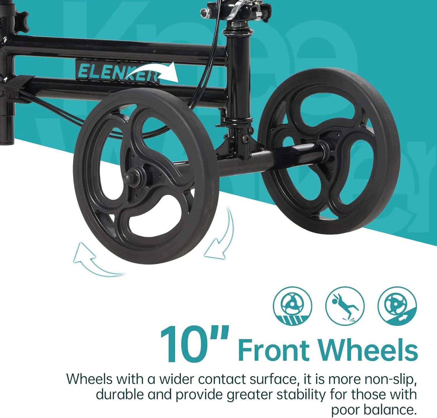 Black scooter with 10-inch front wheels on a teal and white background, featuring the brand 'ELENKER'.

