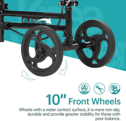 Black scooter with 10-inch front wheels on a teal and white background, featuring the brand 'ELENKER'.

