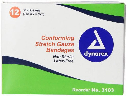 Box of Dynarex conforming stretch gauze bandages with green, white, and blue design.

