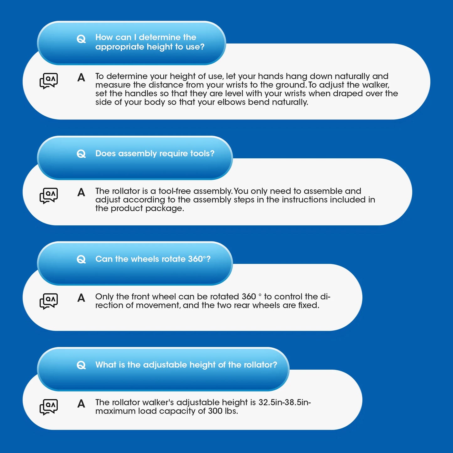 FAQs about a roller walker displayed on a blue background