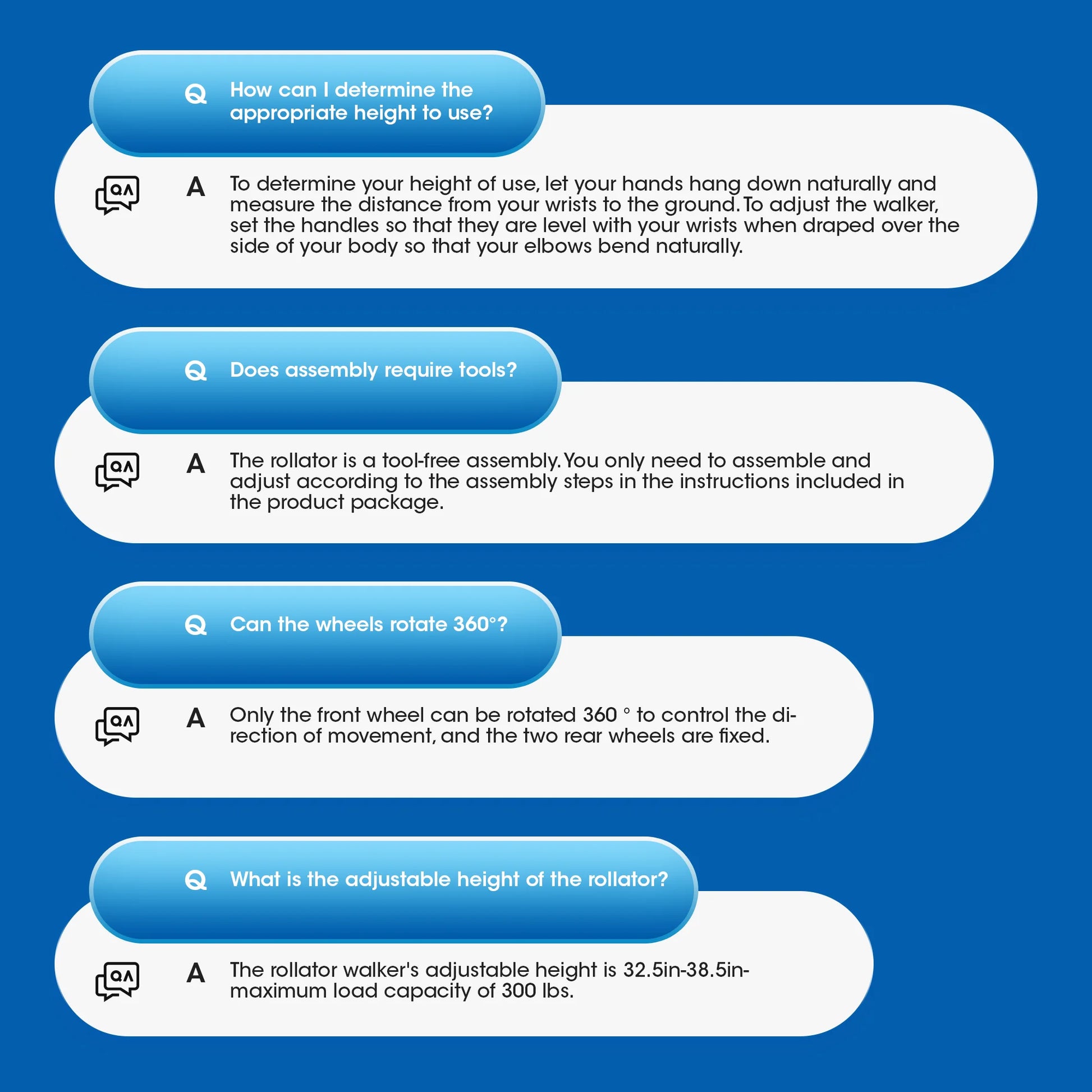 FAQs about a roller walker displayed on a blue background