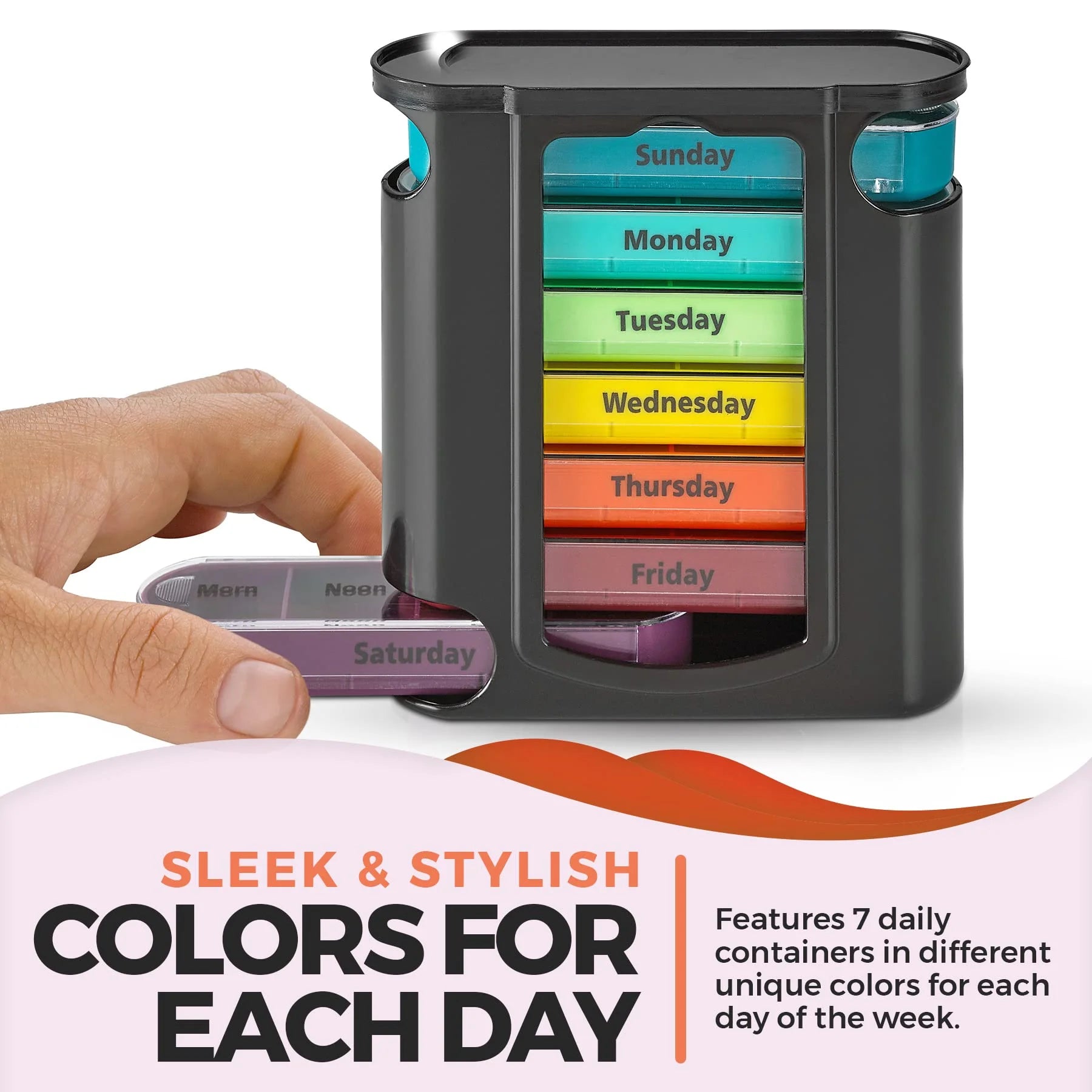 Container with colored daily containers for each day of the week, held by a hand.


