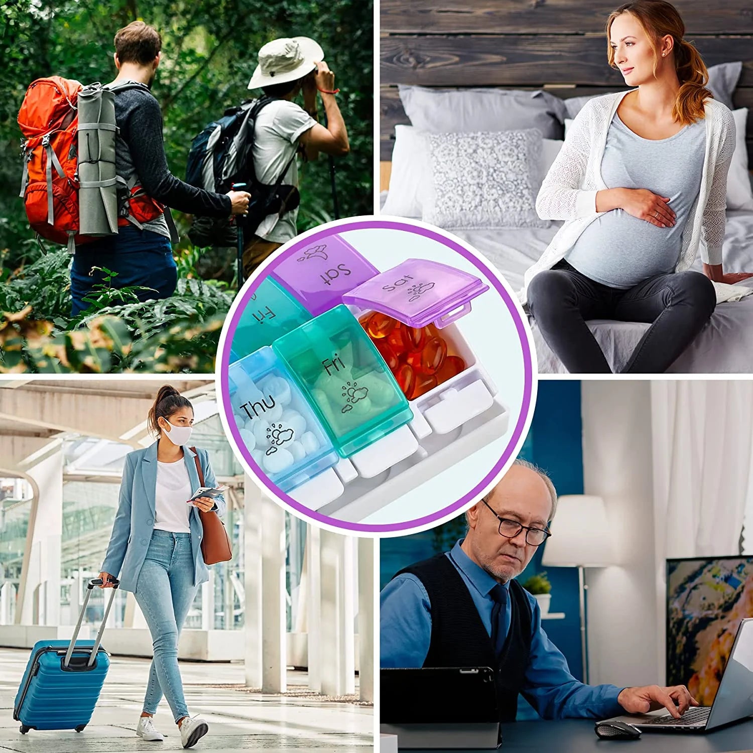 Collage of a pregnant woman, a person with a suitcase, a pill organizer, and a man working on a laptop.

