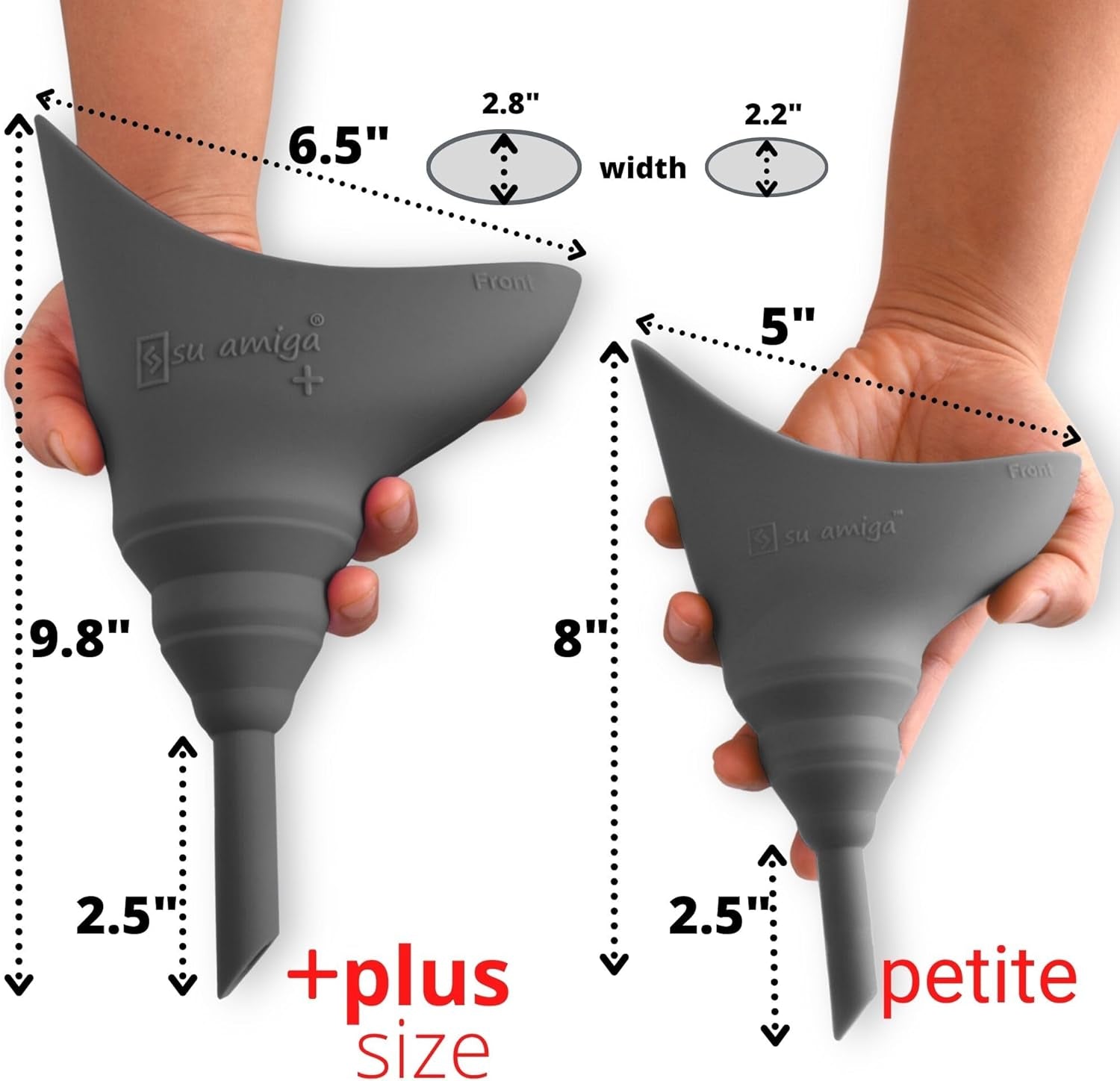 Two gray funnels labeled 'plus size' and 'petite' with measurements on a white background.


