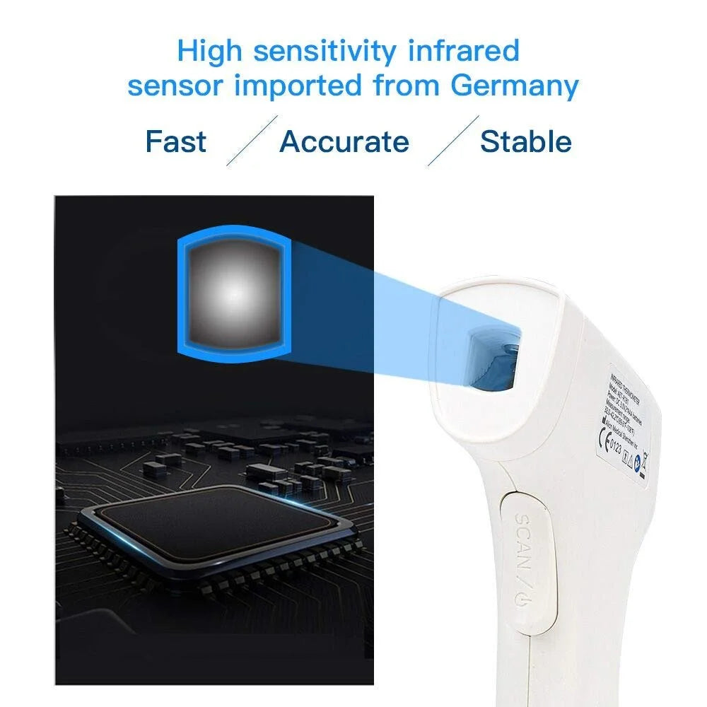 Infrared thermometer with high sensitivity sensor imported from Germany, labeled as fast, accurate, and stable.