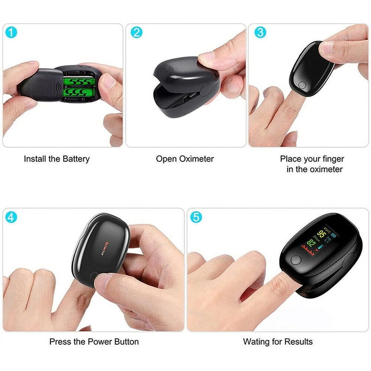 Step-by-step guide on how to use a digital pulse oximeter with close-up images of hands performing each step.


