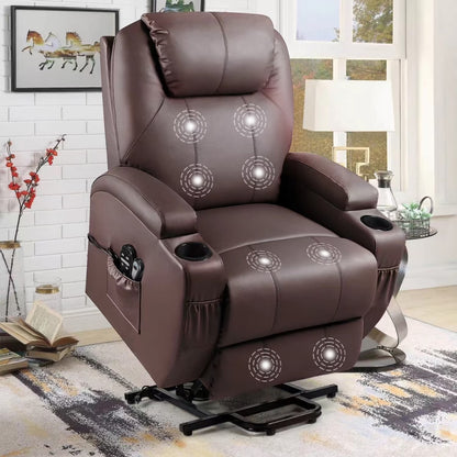 Brown leather recliner chair with cup holders and remote controls in a living room setting.