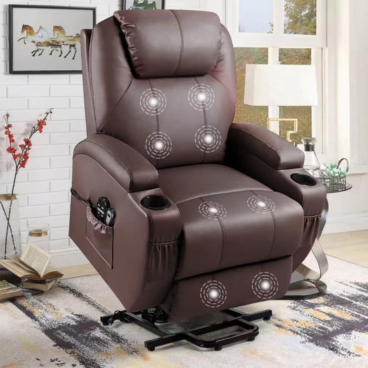 Brown leather recliner chair with cup holders and remote controls in a living room setting.