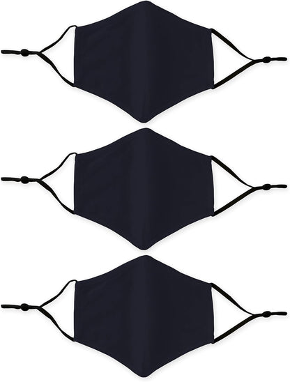 Three black face masks with elastic straps on a white background

