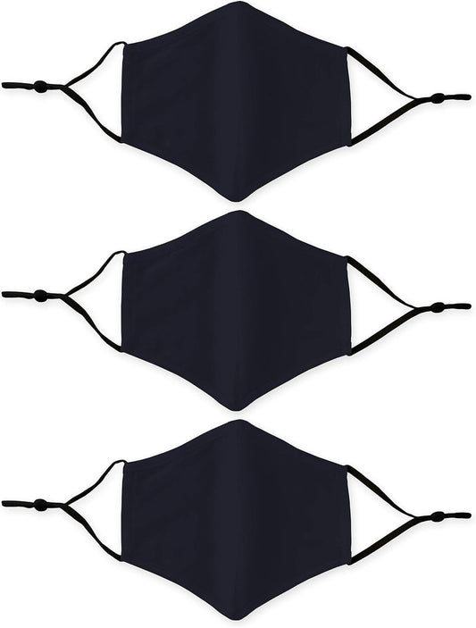 Three black face masks with elastic straps on a white background

