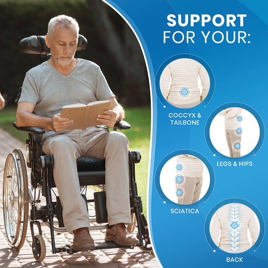 Man in a wheelchair reading a book with product support features on a blue background

