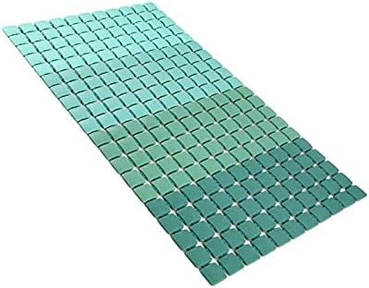 Teal bath mat with a grid pattern on a white background

