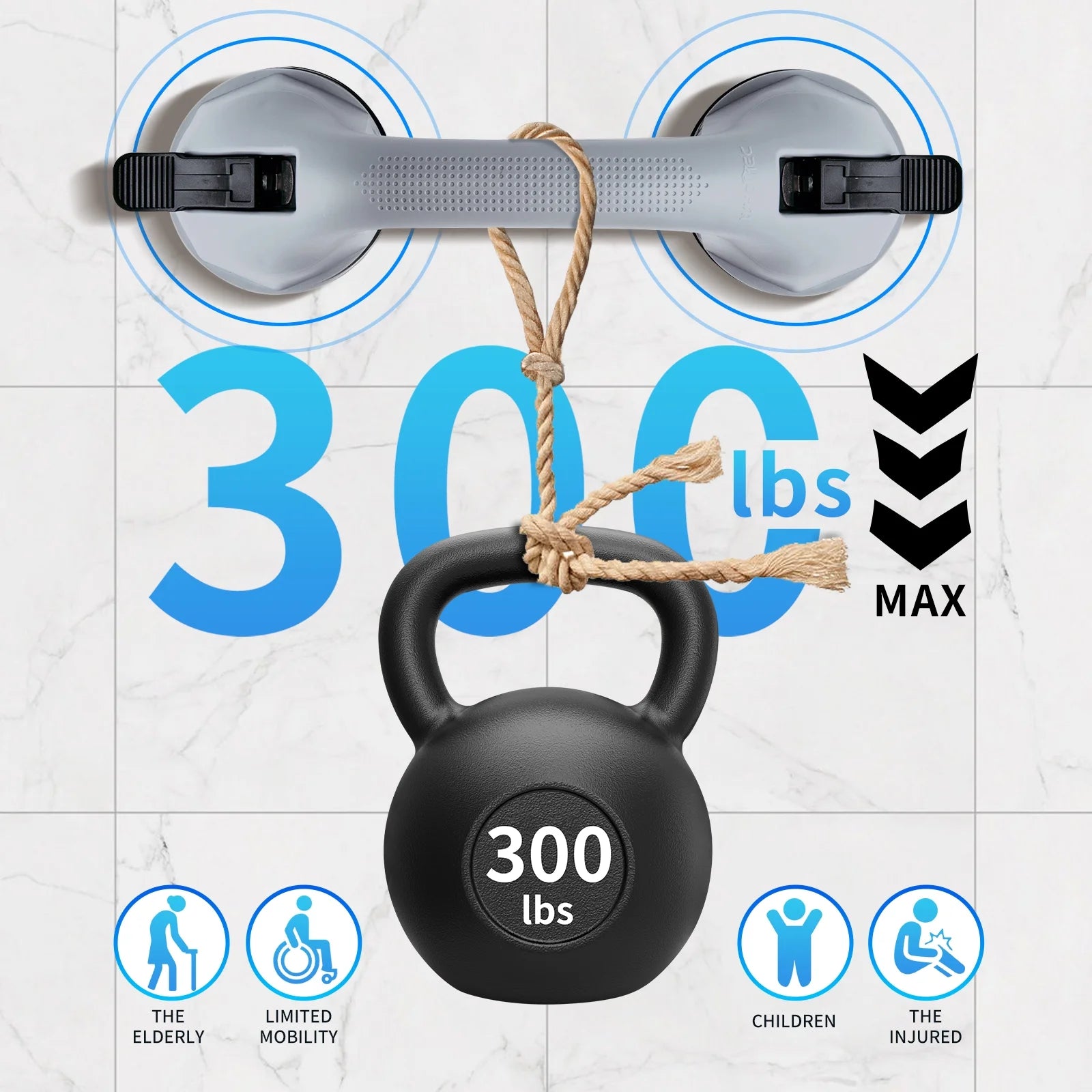 Black kettlebell with '300 lbs' marking on a white background with text and icons.