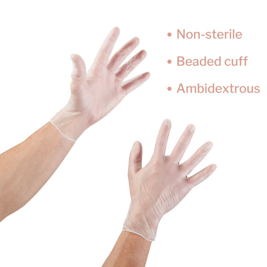 Hands wearing McKesson XL vinyl gloves. Ideal for medical exams, cleaning tasks, and latex-sensitive users.