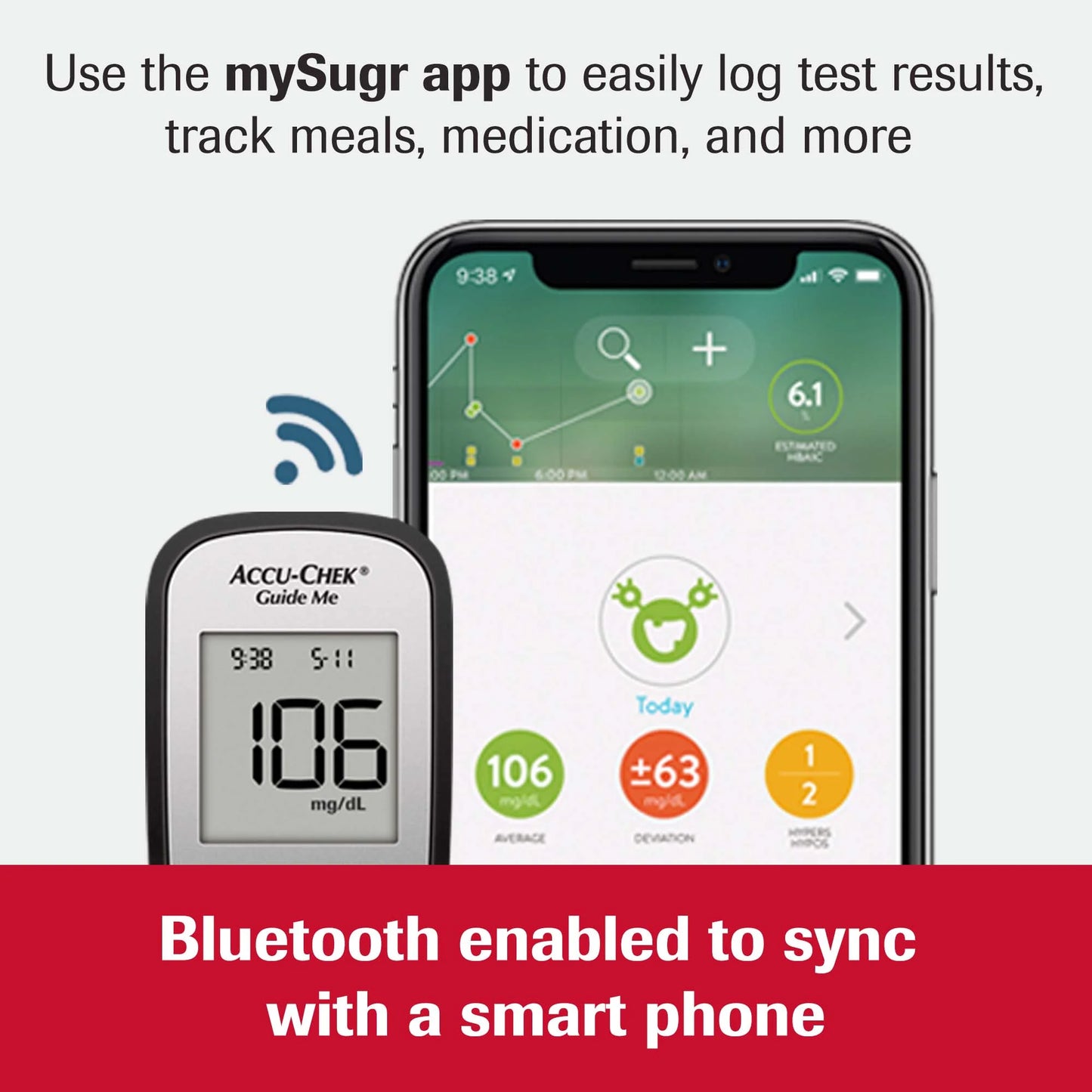 Accu-Chek glucose meter with smartphone displaying mySugr app on a white background