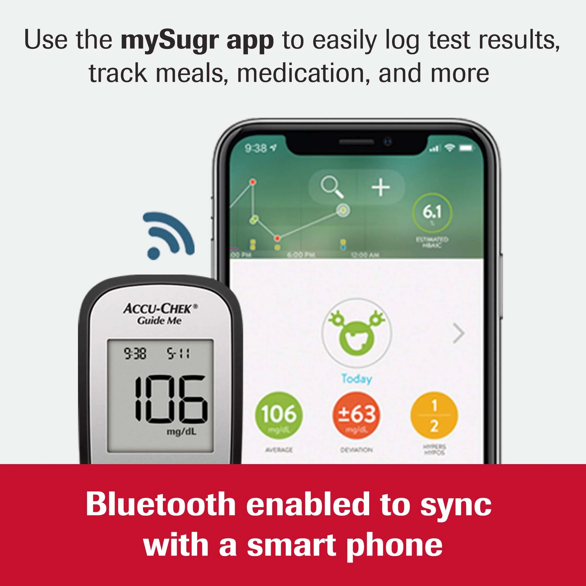 Accu-Chek glucose meter with smartphone displaying mySugr app on a white background