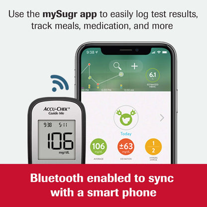 Accu-Chek glucose meter with smartphone displaying mySugr app on a white background