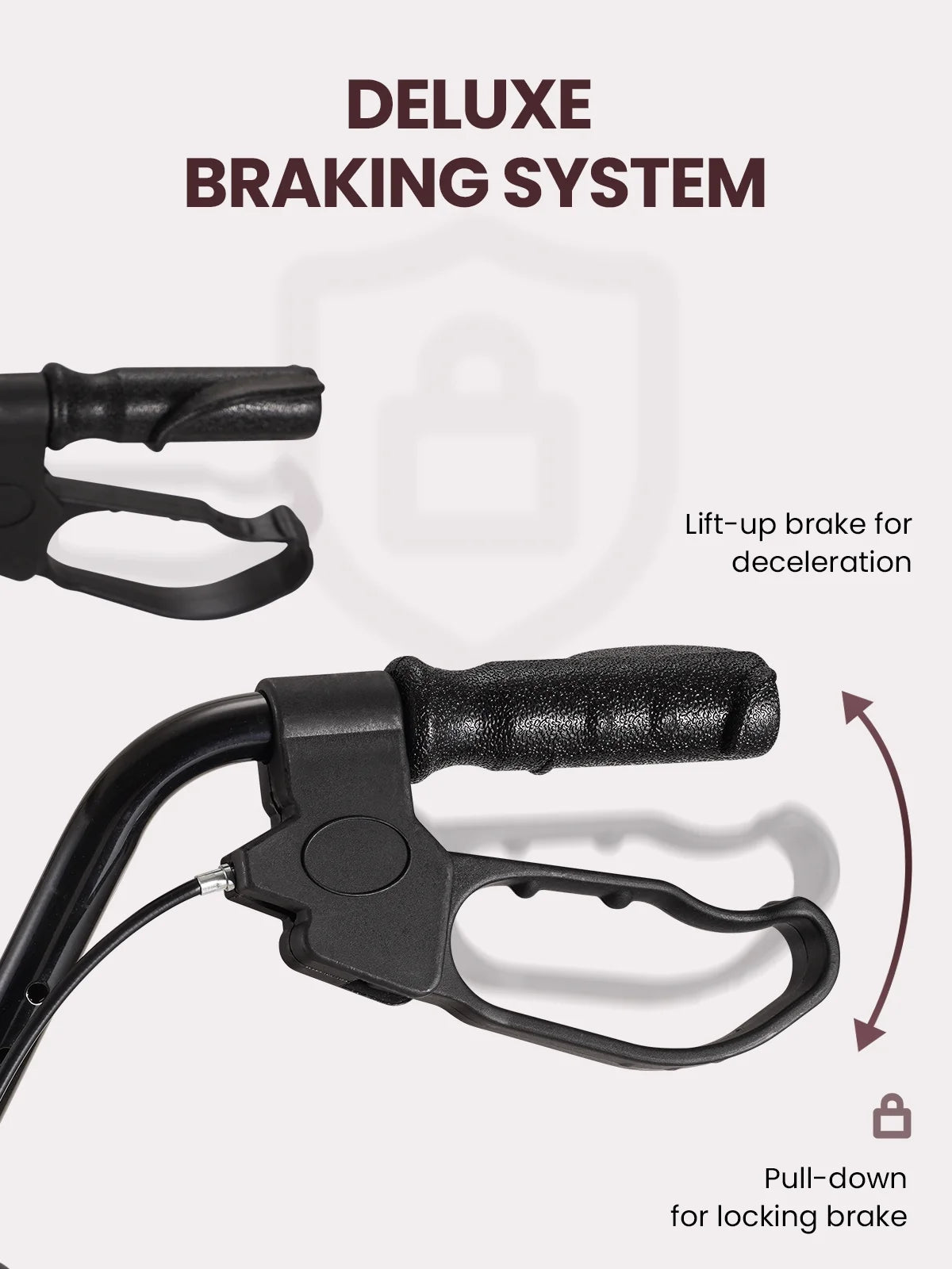 Deluxe braking system with lift-up and pull-down functions on a white background

