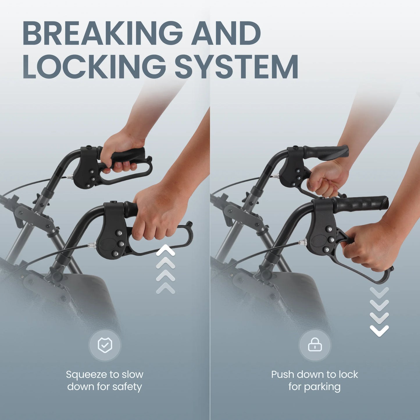 Illustration of a breaking and locking system for a scooter with text and arrows.