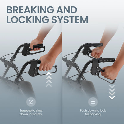 Illustration of a breaking and locking system for a scooter with text and arrows.