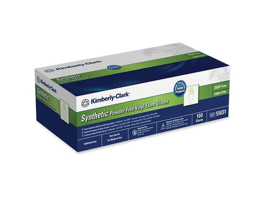 Box of Kimberly-Clark synthetic powder-free vinyl exam gloves on a white background