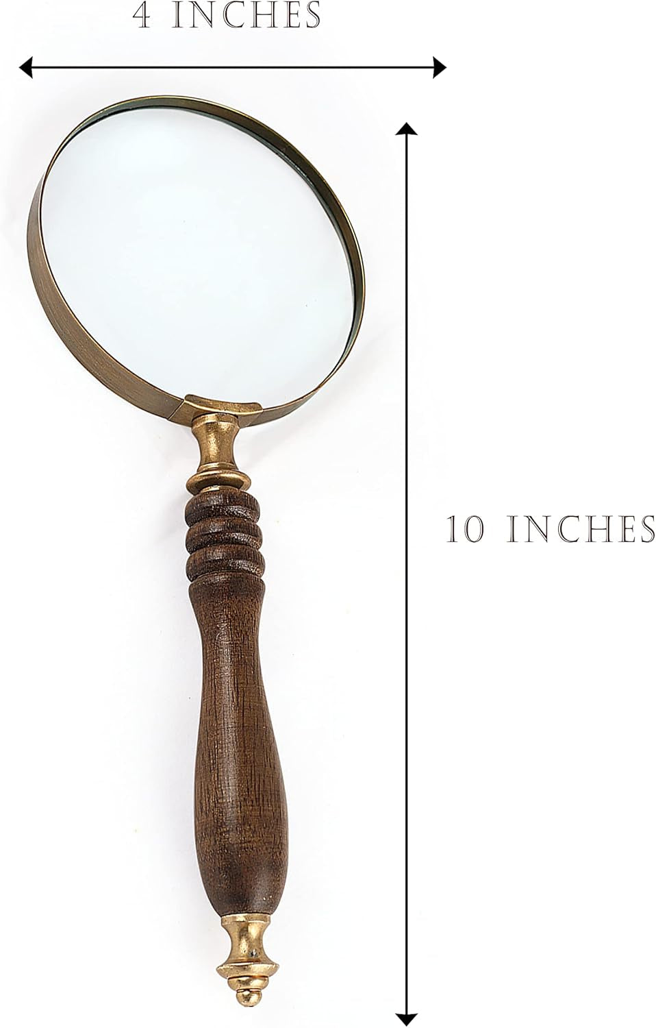 Magnifying glass with wooden handle and brass frame, shown with measurements on a white background.