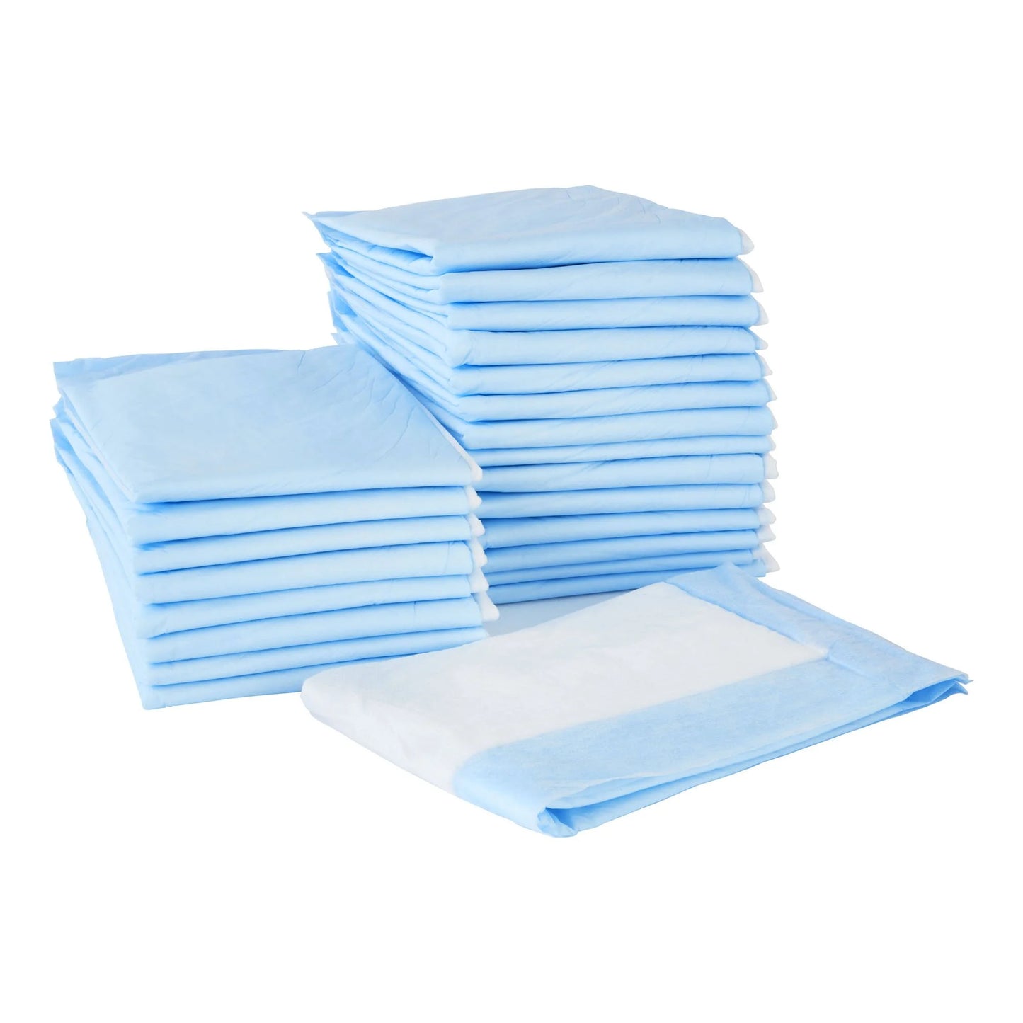 Stack of blue disposable pads on a white background