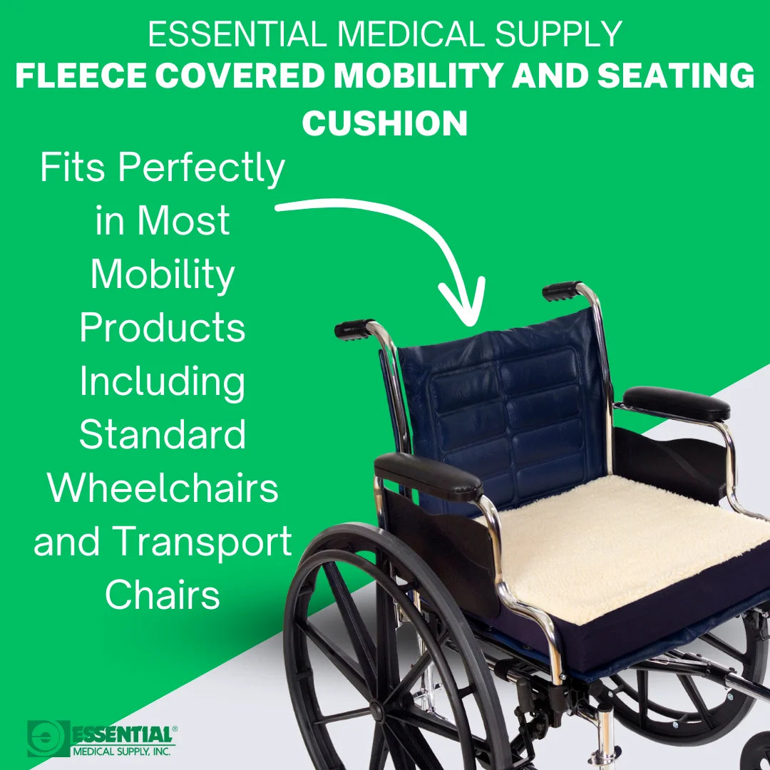 Wheelchair with a fleece-covered mobility and seating cushion on a green background, featuring text about the product.

