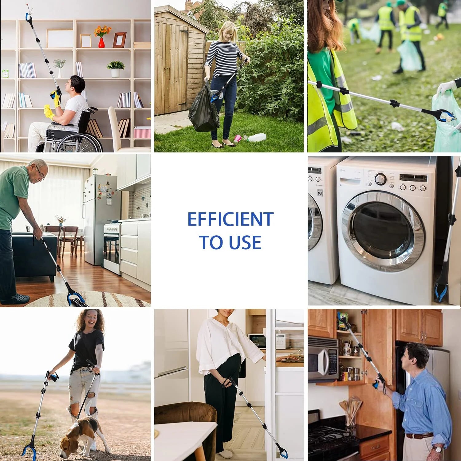 Collage of people using cleaning tools in various settings with text 'Efficient to Use'.