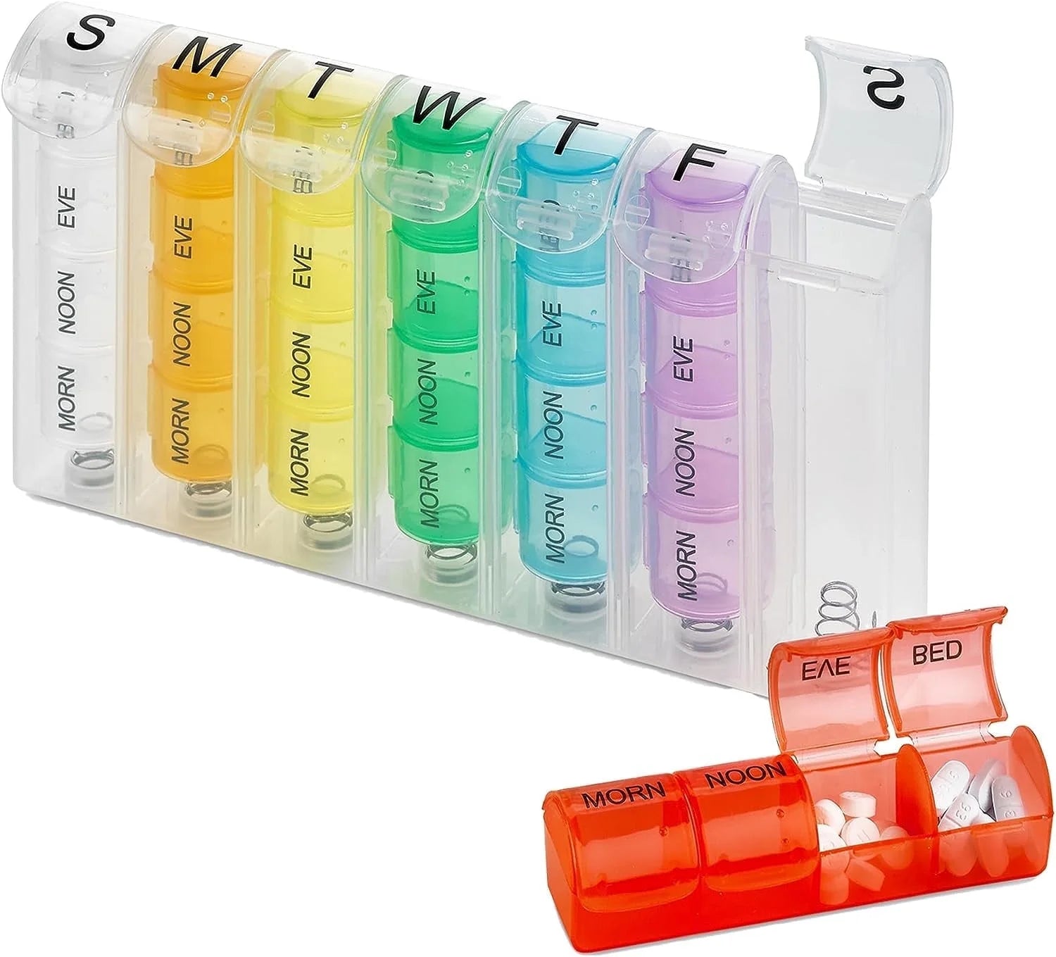 Weekly pill organizer with colored compartments for different times of the day on a white background.


