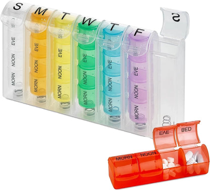 Weekly pill organizer with colored compartments for different times of the day on a white background.

