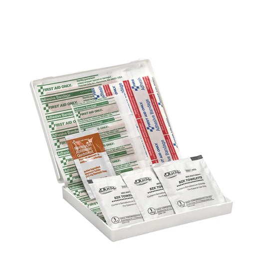 First aid kit with various supplies on a white background

