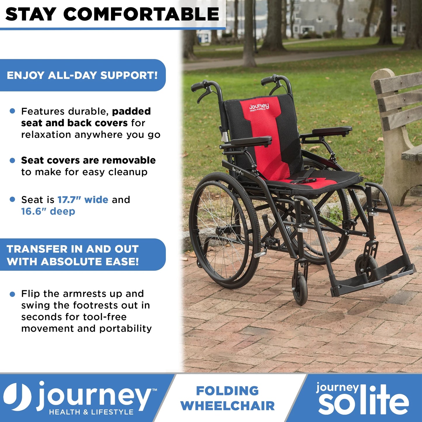 Folding wheelchair with red seat cover on a brick path, featuring Journey Health & Lifestyle branding.