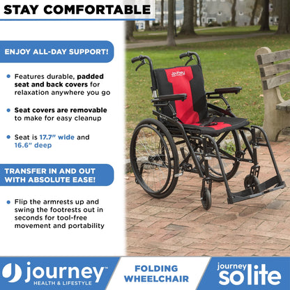 Folding wheelchair with red seat cover on a brick path, featuring Journey Health & Lifestyle branding.