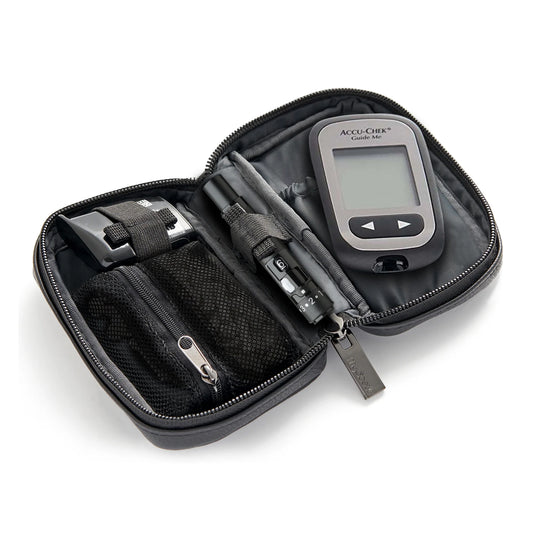 Diabetes management kit with glucometer, lancet device, and test strips in a black case on a white background.