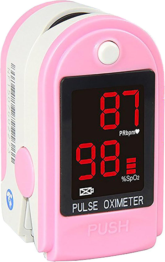 Pink pulse oximeter with digital display on a white background

