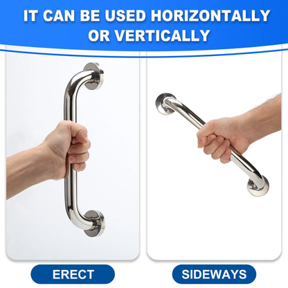 Metal grab bar with text indicating it can be used horizontally or vertically, shown in erect and sideways positions.

