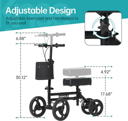 Knee scooter with adjustable features and measurements on a white background

