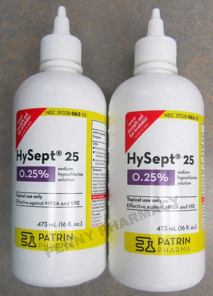 Two bottles of HySept 25 solution with visible labels on a gray background