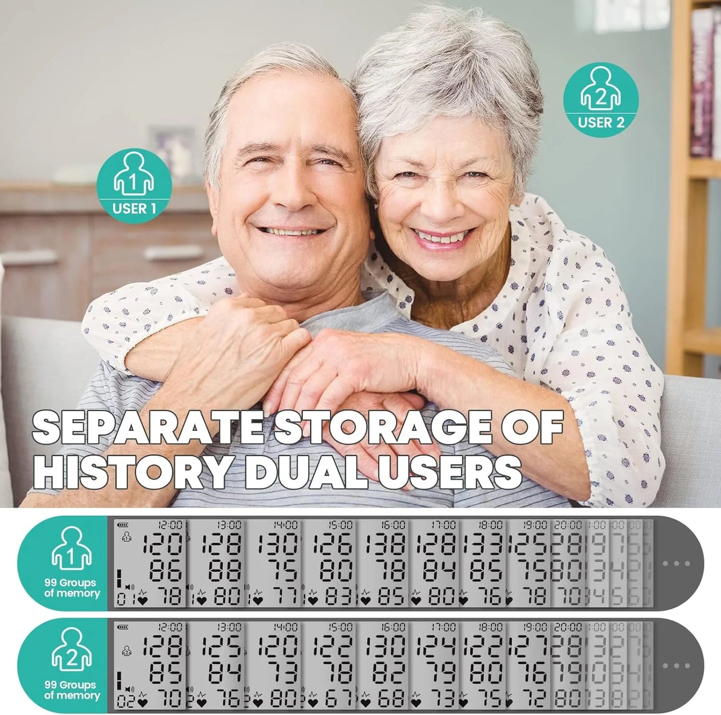 Two elderly people hugging with text about separate storage of history for dual users, followed by a display of numbers.

