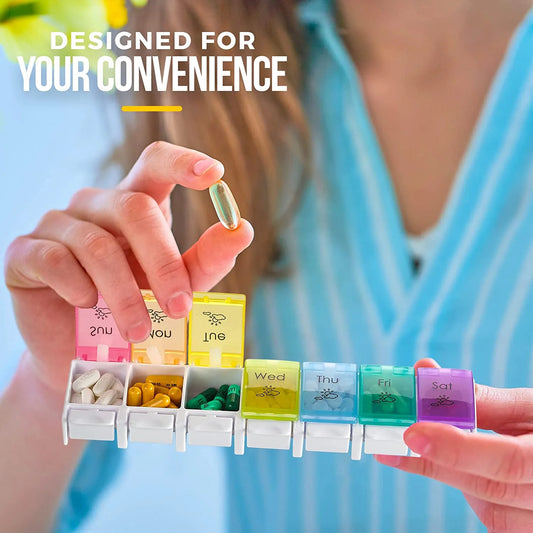 Person holding a colorful weekly pill organizer with text 'Designed for Your Convenience'.

