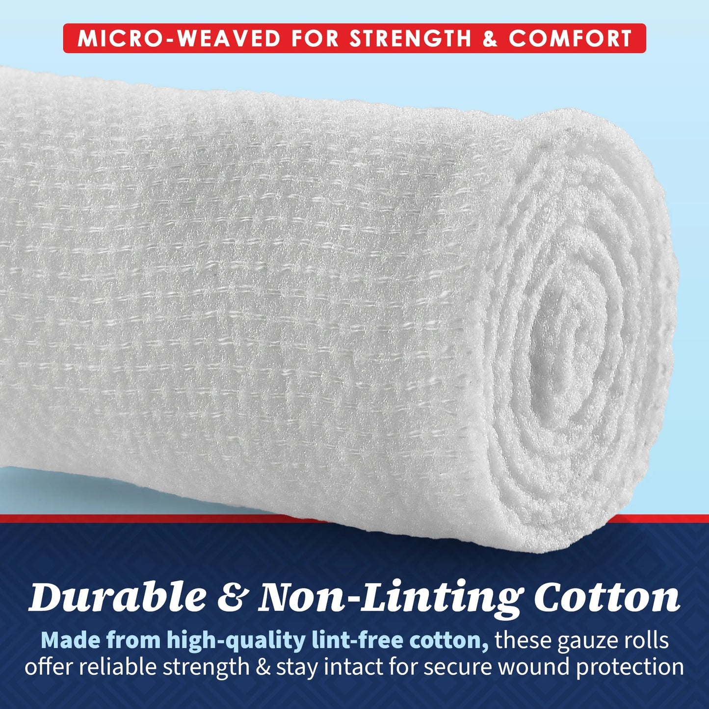 Roll of gauze with text highlighting durability and comfort on a blue background