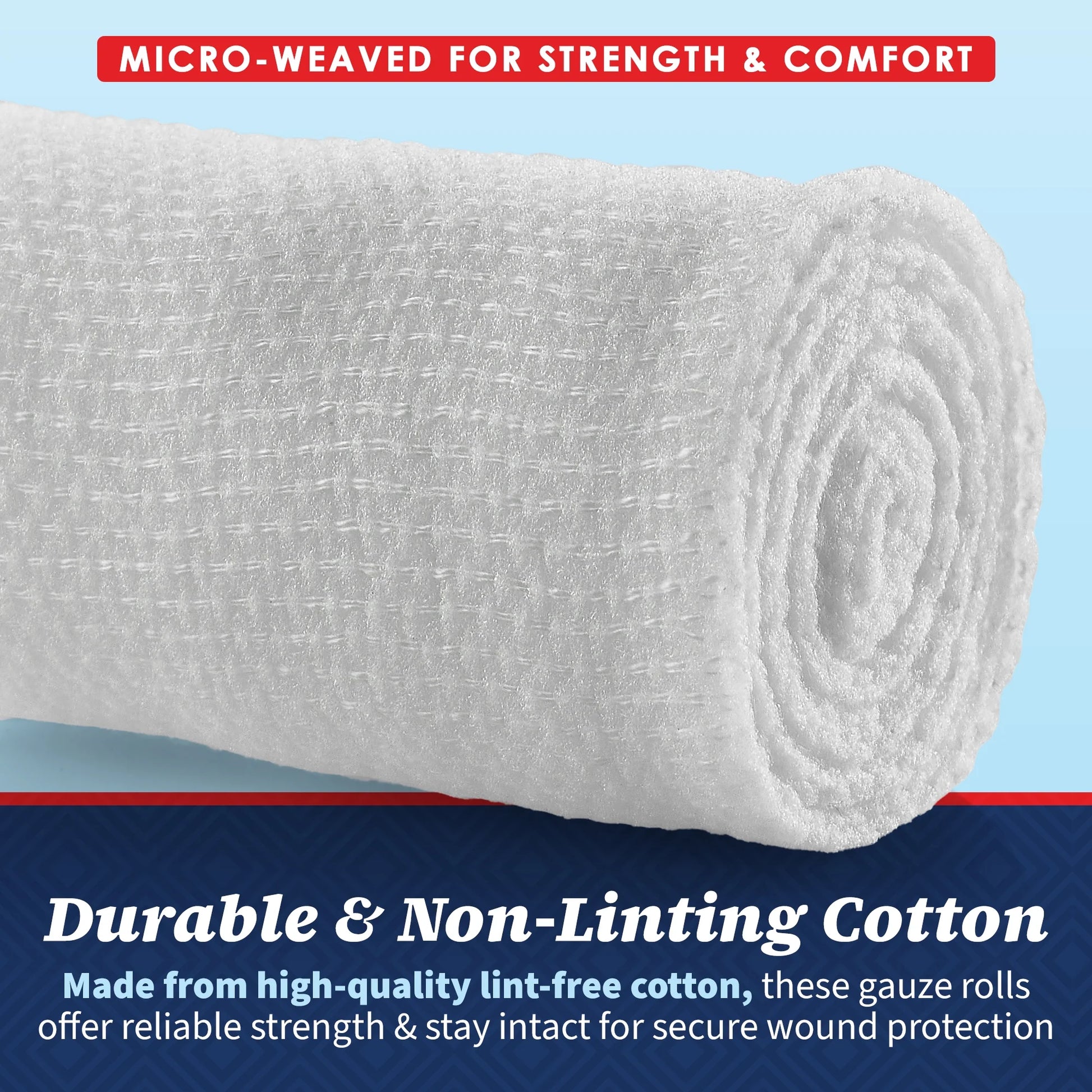 Roll of gauze with text highlighting durability and comfort on a blue background
